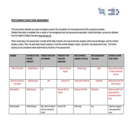 Photography shoot risk assessment form