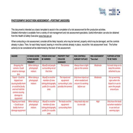 Photography shoot risk assessment form portrait inside