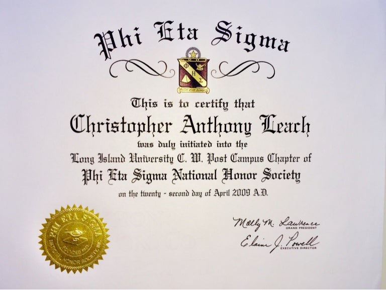 Phi Eta Sigma Honor Society Certificate