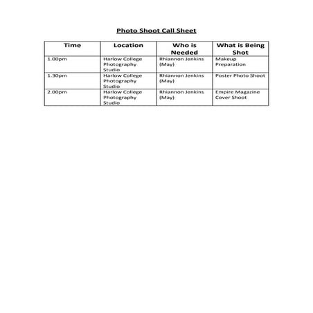 Photo Shoot Call Sheet