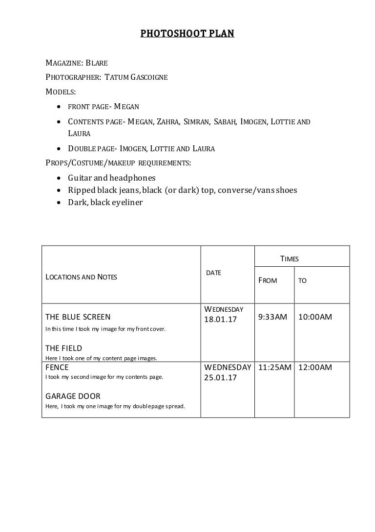 Photoshoot plan