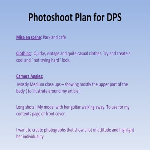 Photoshoot plan for dps