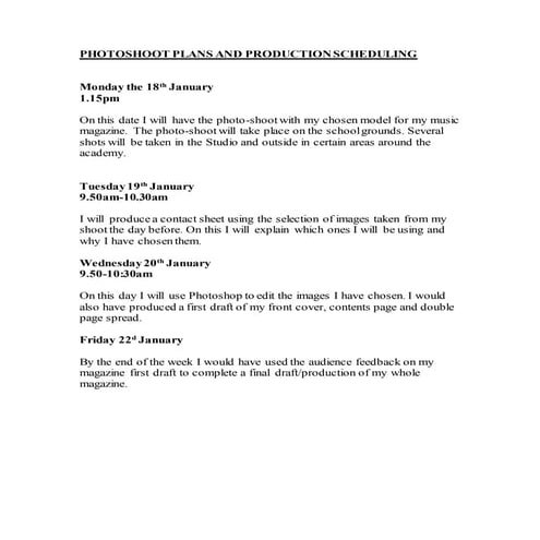 Photoshoot plans and production scheduling