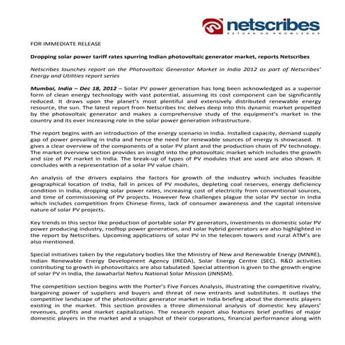 Market Research Report  :Photovoltaic Generator Market in India 2012