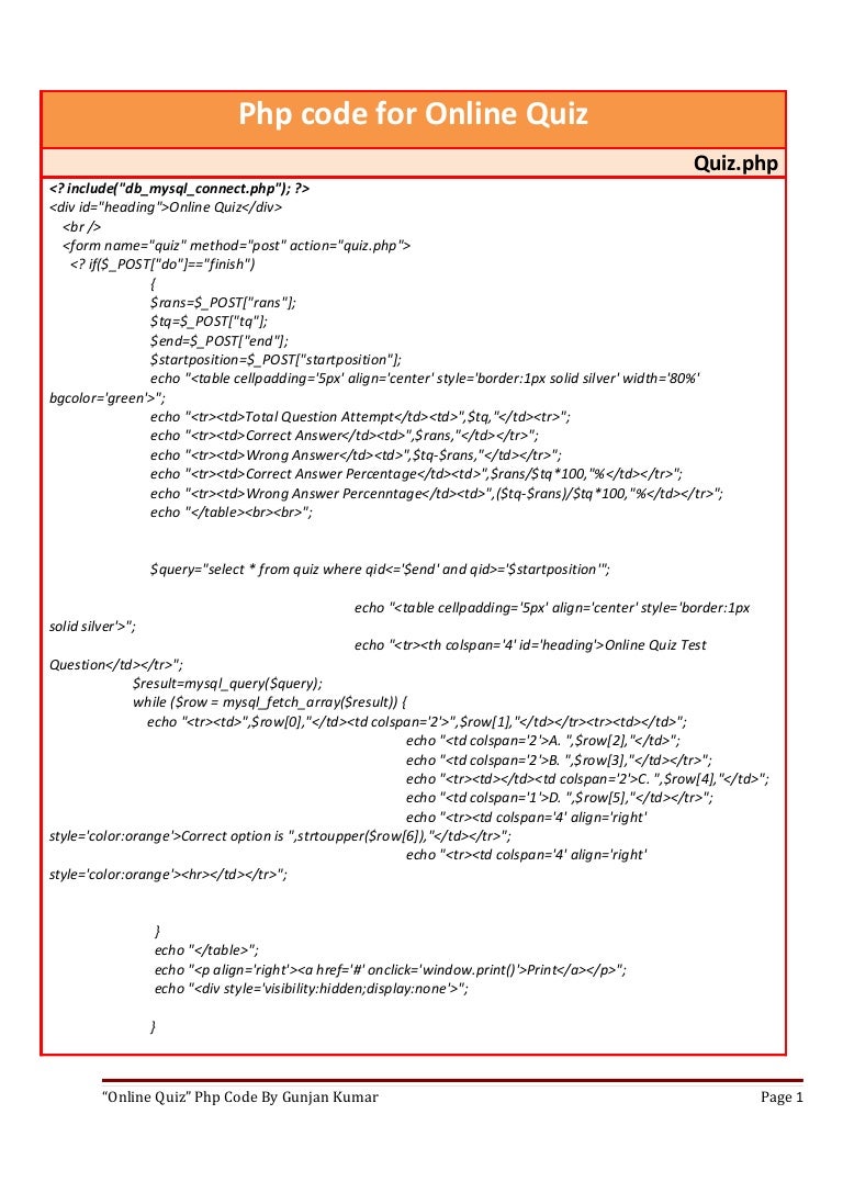 Php code for online quiz