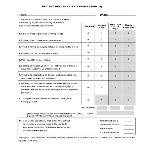 PHQ9   Depression Questionnaire 