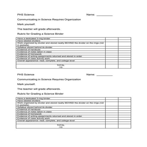 PHS Binder Rubric