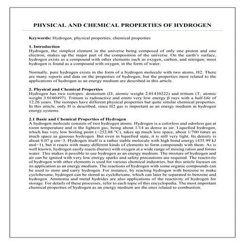 Physical and chemical properties of hydrogen