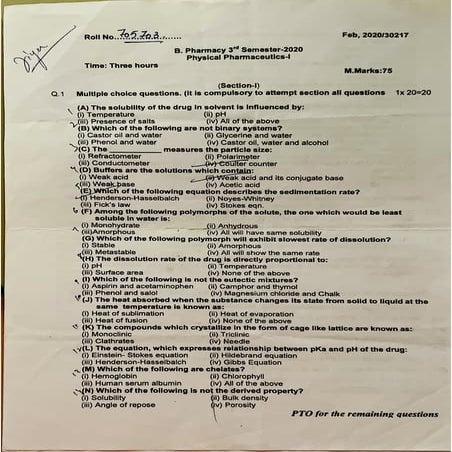 Physical pharmaceutics i 2020 question paper
