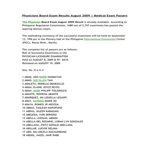 Physicians Board Exam Results August 2009