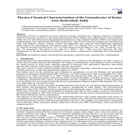 Physico chemical characterization of the groundwater of kotur area hyderabad,...