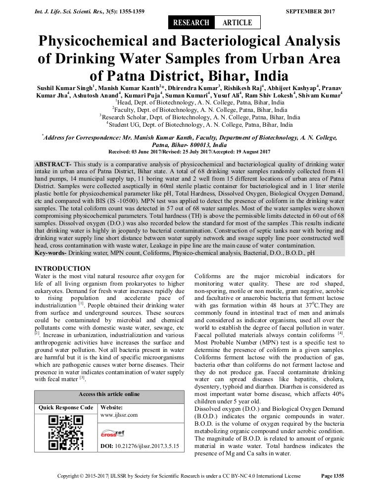 Physicochemical and Bacteriological Analysis of Drinking Water Sample…