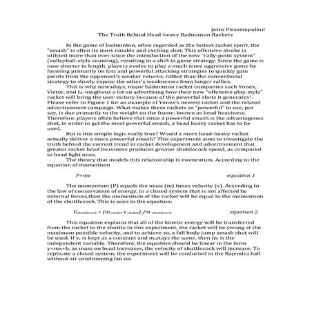 Jetro's Physics IRP- Badminton Shuttlecock Velocity