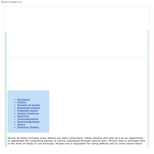 Physics formulas list