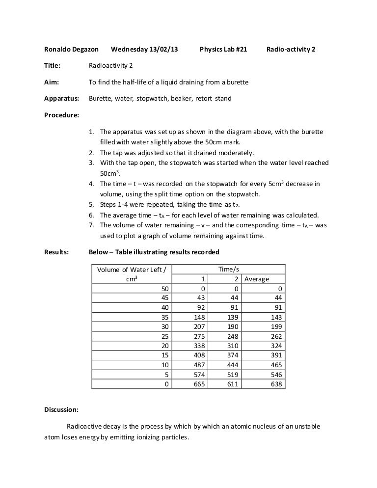 CSEC Physics Lab Half Life of liquid draining from burette