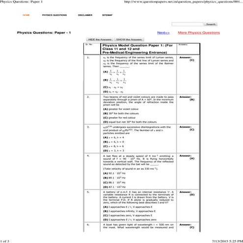Physics questions paper 1 | PDF