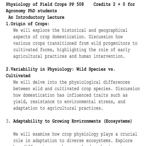 Physiology of Field Crops - Cereals and food grains