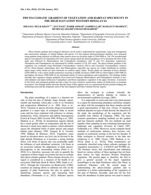 Phyto climatic gradient of vegetation and habitat specificity in the high elevation western himalayas