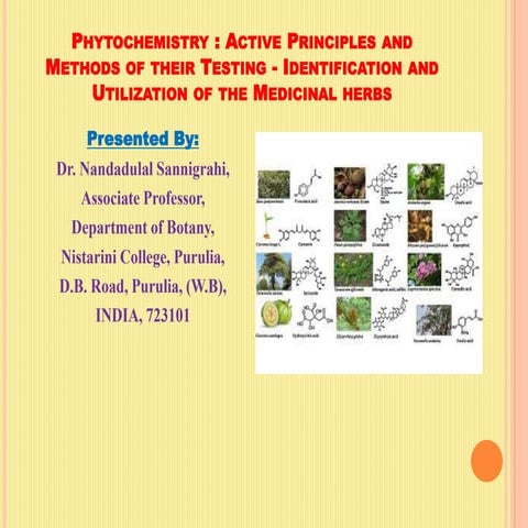 Phytochemistry : Active Principles and Methods of idemtification; Common Medi...