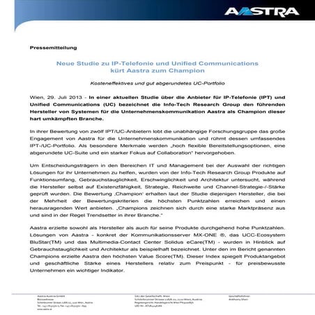 Neue Studie zu IP-Telefonie und Unified Communications kürt Aastra zum Champion
