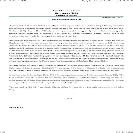 RBI GUIDELINES: ONE TIME SETTLEMENT OF NPAS DATED 16-MARCH-2018 | PDF