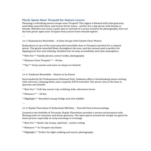 Picnic Spots Near Tirupati for Nature Lovers