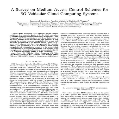 A Survey on Medium Access Control Schemes for 5G Vehicular Cloud Computing Sy...