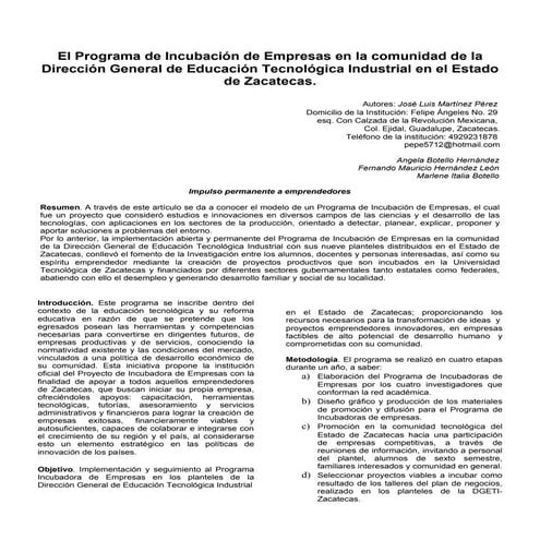 Artículo del Programa Incubadora de Empresas PIE