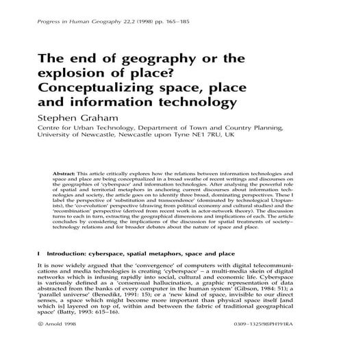 Graham, Stephen. "The end of geography or the explosion of place? Conceptuali...