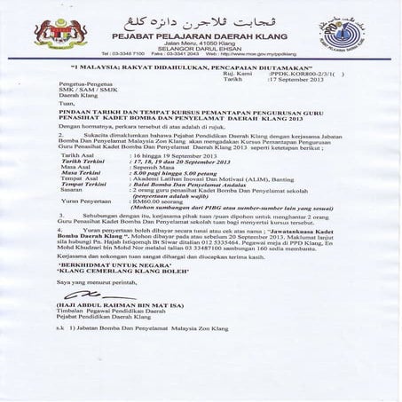 Pindaan tarikh dan tempat kursus guru penasihat kadet bomba
