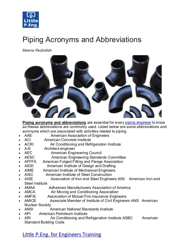 Piping acronyms and abbreviations