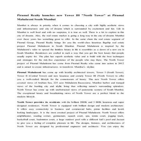 Piramal realty launches new tower iii north tower at piramal mahalaxmi south ...