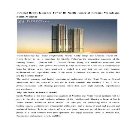 Piramal realty launches tower iii north tower at piramal mahalaxmi south mumbai