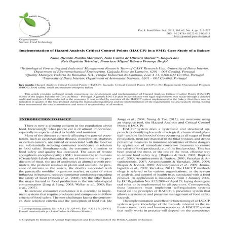 Implementation of Hazard Analysis Critical Control Points (HACCP) 