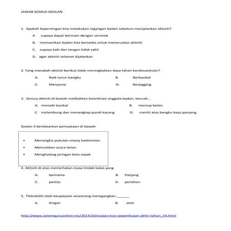 Kertas Soalan Peperiksaan Pendidikan Jasmani Kesihatan Tahun 4