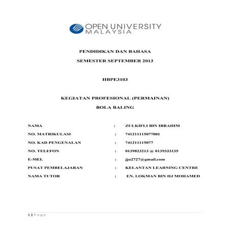 HBPE3103  KEGIATAN PROFESIONAL (PERMAINAN)Pj sept dalamluar