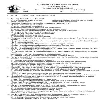 Assesment formatif PKn kelas 9 Sekolah Menengah Pertama | DOCX