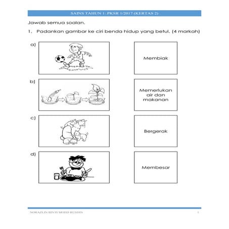 Sains Tahun 1 PKSR 1 Kertas 2 2017
