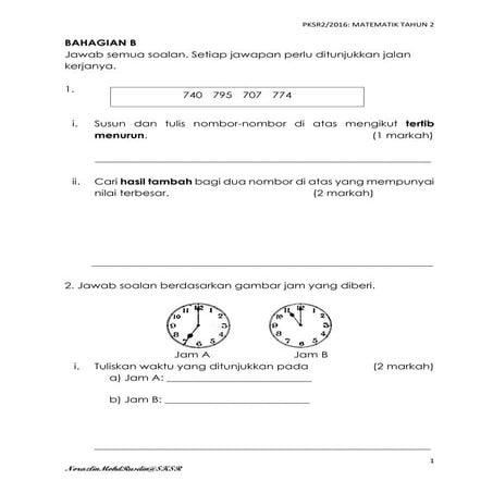 Matematik Tahun 2 PKSR 2 Kertas 2 Set 2