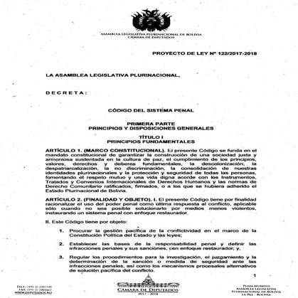 Proyecto de Ley 122-17 Sistema Penal Bolivia  (aprobado)