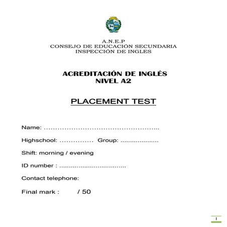 Placement Test Nivel A2  AcreditacióN To Print