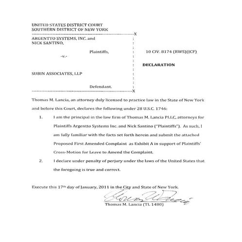 Subin Associates New York Defendants - Plaintiff Declaration | PDF