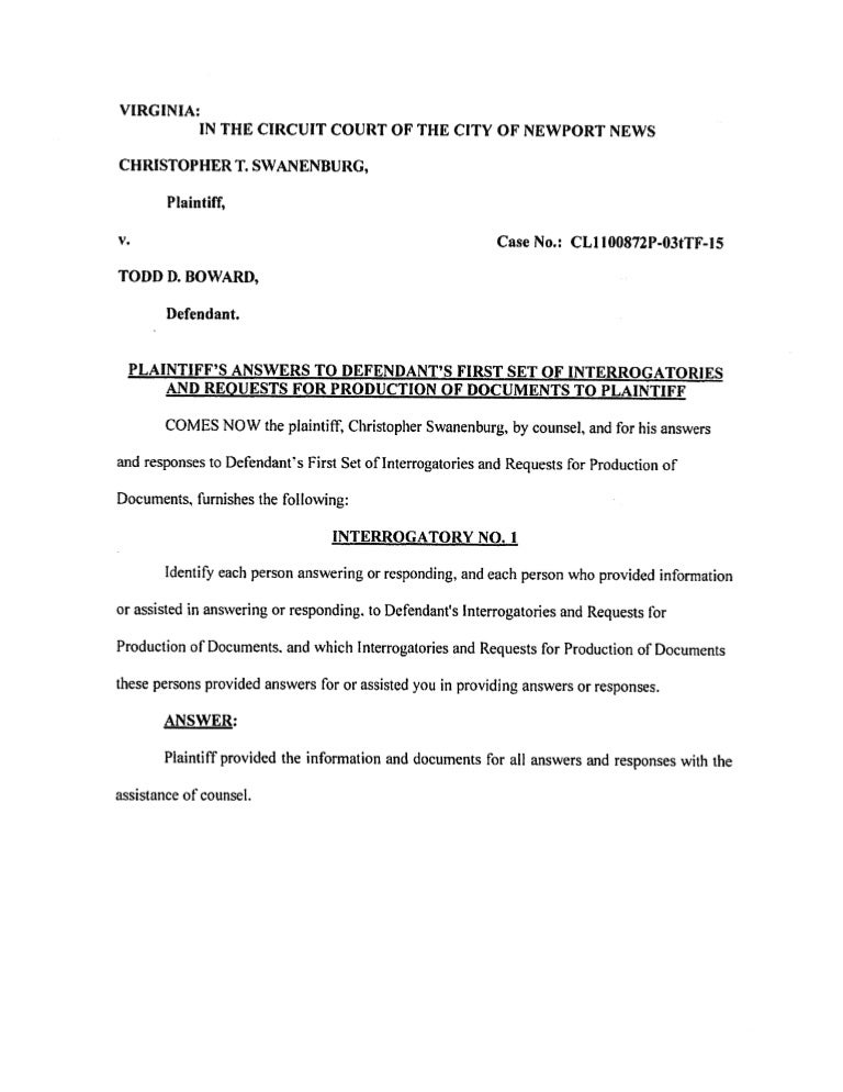Plaintiff s swanenburg answers to defendants first set interrogator 