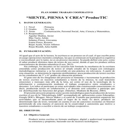 Proyecto de Aprendizaje Cooperativo: "Siente, Piensa y Crea" ProducTIC 
