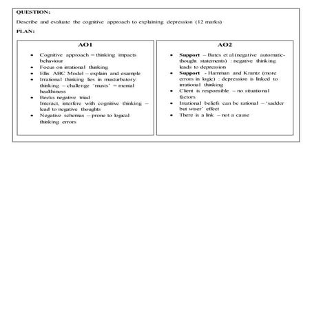Plan   describe and evaluate the cognitive approach to explaining depression