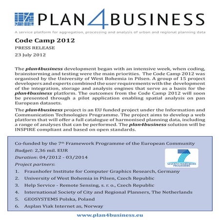 Plan4business Code Camp 2012 PRESS RELEASE
