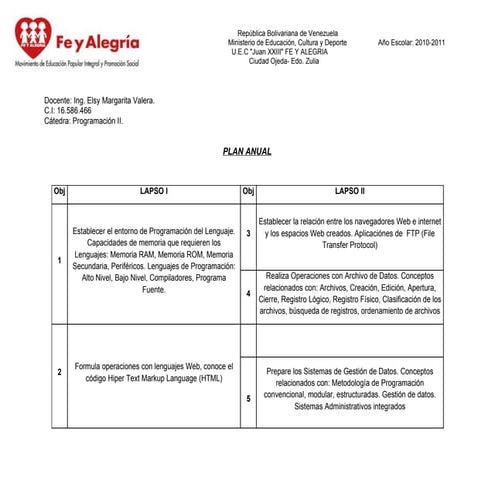 PLAN DE EVALUACIÓN 2do LAPSO PROGRAMACIÓN II