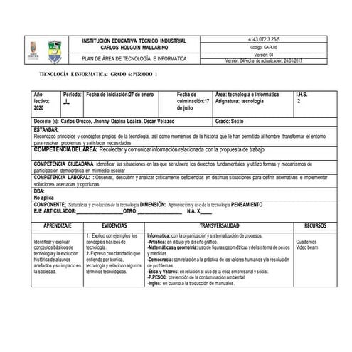 Plan area asignatura tecnologia grados 6 a 9 actualizadocondosperiodos 2020