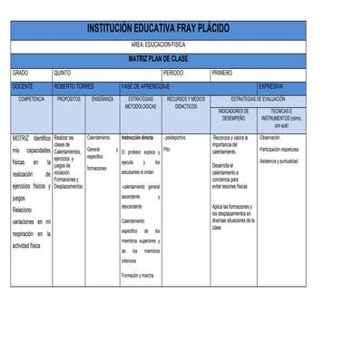 Plan clase para quinto 01 tema calentamento y formacion