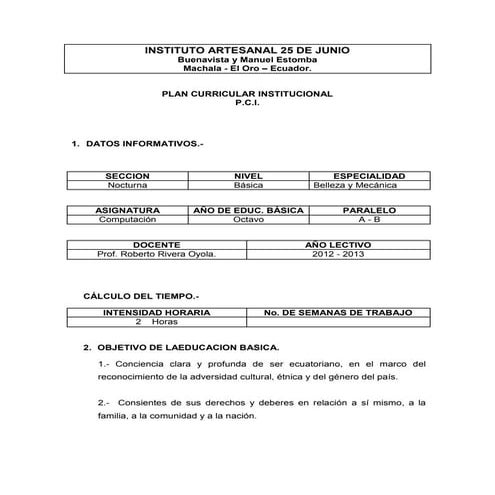 Plan curricular institucional computacion 2012